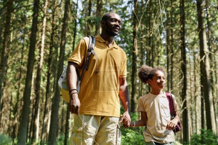 Téléchargez les photos : Papa afro-américain marchant dans la forêt avec son petit enfant pendant leur camping - en image libre de droit