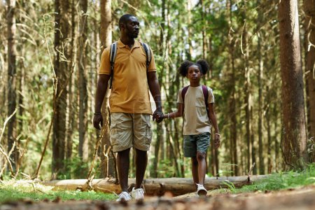 Téléchargez les photos : Papa afro-américain randonnée dans la forêt avec sa fille - en image libre de droit