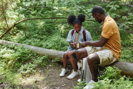 Téléchargez les photos : Père afro-américain pique-niquer avec son enfant dans la forêt - en image libre de droit