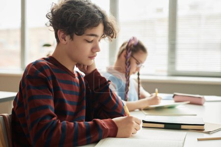 Téléchargez les photos : Portrait latéral d'un adolescent avec des cheveux bouclés écrivant dans un cahier pendant la classe, espace de copie - en image libre de droit