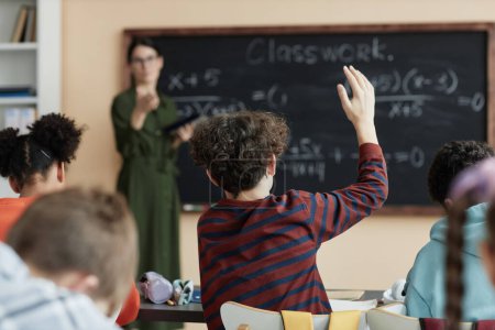 Téléchargez les photos : Vue de dos au groupe d'enfants levant la main dans la salle de classe de l'école et participant à la discussion - en image libre de droit