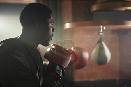 Téléchargez les photos : Vue latérale du jeune sportif afro-américain en gants de boxe debout devant la caméra prêt à frapper un sac de sable pendant l'entraînement au gymnase - en image libre de droit