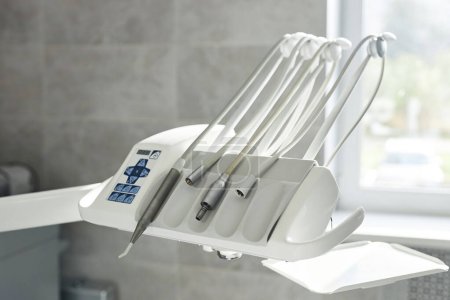 Photo for Closeup background image of tools set in modern dentists office, copy space - Royalty Free Image