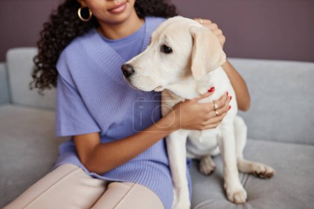 Téléchargez les photos : Gros plan de jeune femme noire avec chien assis sur le canapé ensemble - en image libre de droit
