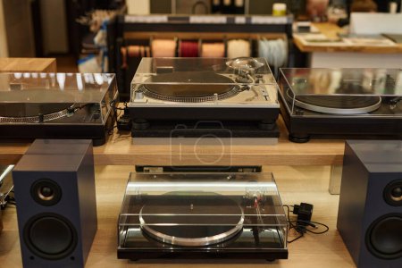 Photo for Background image of brand new vinyl record players on display in music store, copy space - Royalty Free Image