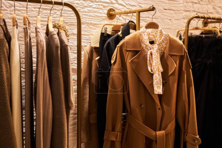 Foto de Imagen de fondo tonificada cálida de la colección de varios abrigos en rack en la tienda de ropa, espacio de copia - Imagen libre de derechos