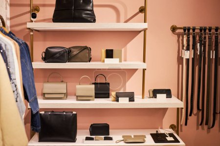 Foto de Background image of designer bags and purses on shelf in clothing boutique, copy space - Imagen libre de derechos