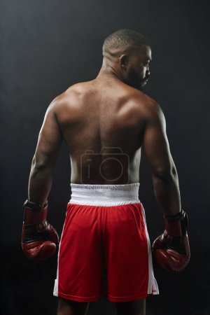 Photo for Vertical back view of muscular African American boxer posing shirtless in studio and wearing red shorts - Royalty Free Image