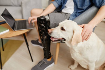Gros plan de l'homme méconnaissable avec la jambe prothétique à l'aide d'un ordinateur portable à la maison et caressant chien labrador