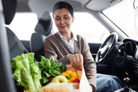 Photo for Portrait of smiling adult woman with grocery bag in car, copy space - Royalty Free Image