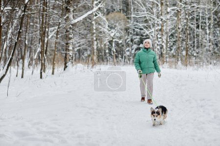 Foto de Senior mujer paseando en el bosque de invierno con su pequeño perro - Imagen libre de derechos