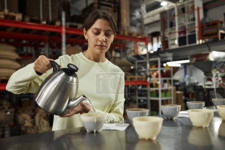 Waist up portrait of young woman pouring hot water into small bowls during cupping and quality control inspection at coffee factory, copy space