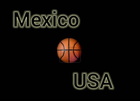 Concepto de un partido deportivo entre México y Estados Unidos sobre fondo negro y balón de baloncesto