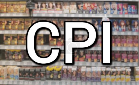 The abbreviation CPI on the background of a sales area with shelves of goods