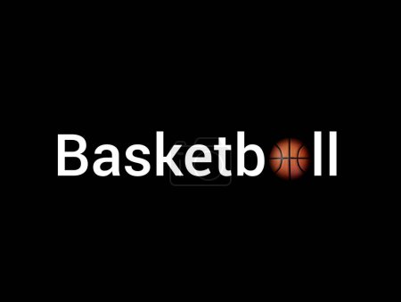 Das Wort Basketball mit einem Basketballball auf schwarzem Hintergrund