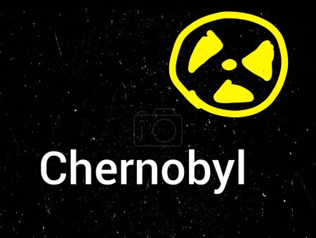 Tschernobyl-Inschrift auf schwarzem Hintergrund mit einem großen gelben Strahlenschild