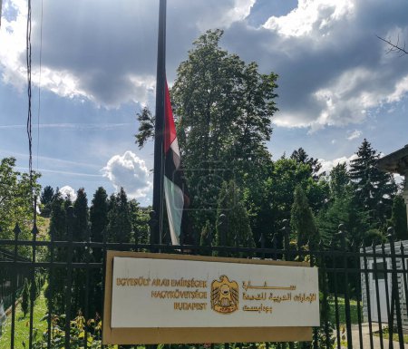 Photo for United Arab Emirates Embassy in Budapest, information sign and flag - Royalty Free Image