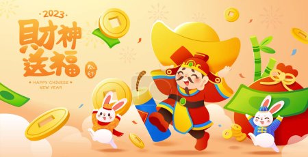CNY god of wealth and bunnies banner. God of wealth and bunnies walking together each carrying coins, gold ingot and cash on light orange background. Text: God of wealth sending good luck.