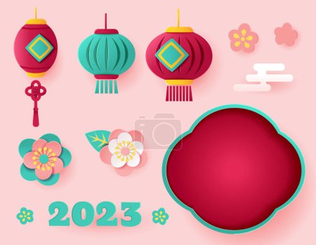 Illustration for Paper art style Chinese new year design element set isolated on light pink background. Including lanterns, flowers, flower shape window, and 2023 font. - Royalty Free Image