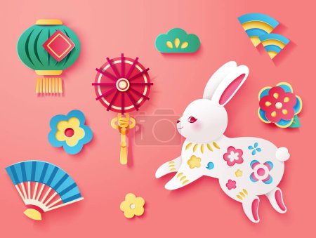 Cute paper art style Chinese new year element set isolated on pink background. Including lantern, paper fan, flower, Japanese pine symbol, and rabbit with pattern.
