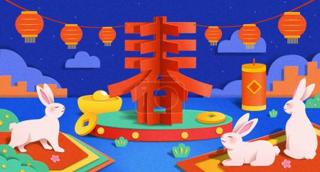 Illustration for Paper art Chinese new year greeting card. Creative paper cut design spring character on display stage outdoor with new year decorations and cute bunnies around. Text: Spring. - Royalty Free Image