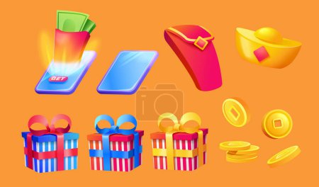 Illustration for Chinese new year element set isolated on orange background. Including smart phone, red envelope, gift boxes, gold ingot and coins. - Royalty Free Image