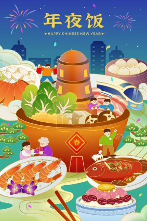 Illustrierte Haus Form Hot Pot in der Mitte von traditionellen Gerichten, Miniatur-Menschen und Zug umgeben. Konzept des chinesischen Neujahrsdinner. Text: Reunion dinner. Frühling.