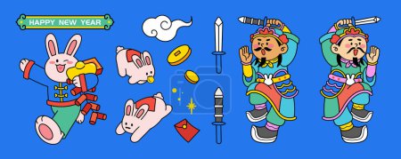 Illustration for Cute CNY door gods and rabbits set isolated on blue background. Including bunnies, banner, cloud, coin, red envelopes, swords, and door gods. - Royalty Free Image