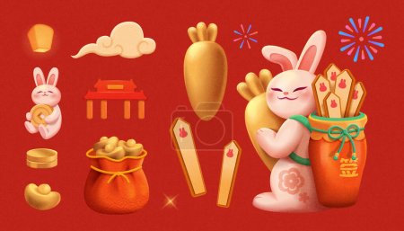 Año CNY del conjunto de elementos de conejo aislado sobre fondo rojo. Incluyendo conejos, linterna del cielo, oro, palos de la fortuna, templo, nube, fuegos artificiales, y zanahorias doradas.