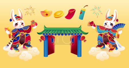 Illustration for Door gods lunar new year element set isolated on light yellow background. Including rabbit menshen, traditional gate, firework, firecracker, coin, gold ingot, red envelope, and firework. - Royalty Free Image