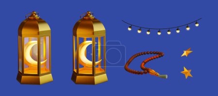 Foto de 3D Islamic holiday element set isolated on blue background. Including crescent moon in lanterns, rosary, bulb ornament and stars. - Imagen libre de derechos