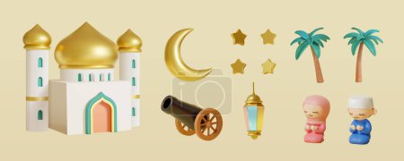 Foto de 3D Cute Islamic holiday element set isolated on beige background. Including mosque, crescent moon, stars, cannon, lantern, palm trees, and praying Muslim characters. - Imagen libre de derechos