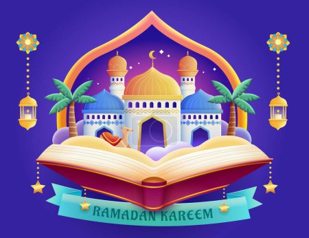 Foto de Creative Ramadan greeting card. Desert scene with mosque and camel emerge from open book with arch frame in the back on indigo blue background. - Imagen libre de derechos