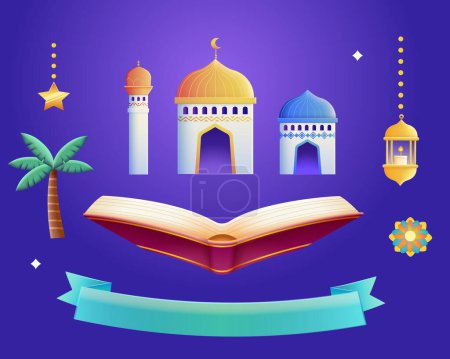 Foto de Islamic holiday element set isolated on indigo blue background. Including star, lantern ornament, mosque, open book, palm tree, decorations, and turquoise banner. - Imagen libre de derechos