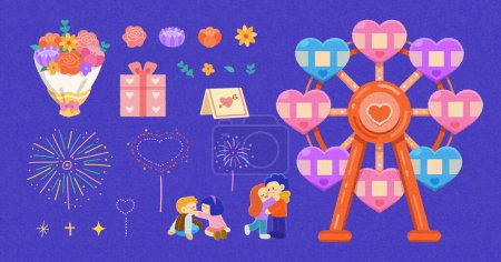 Foto de Valentine'd day element set isolated on blue background. Including flower bouquet, gift, blossoms, heart shape Ferris wheel, firework, and couples. - Imagen libre de derechos