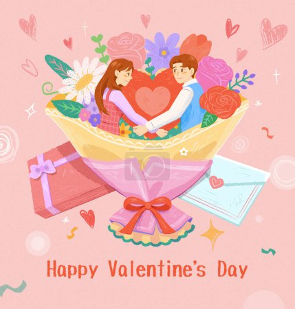 Foto de Romantic Valentine's day card. Couple hugging heart together in beautiful bouquet on pink background. Gift and love letter with doodles in the back. - Imagen libre de derechos