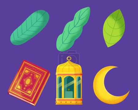 Foto de Islamic holiday element set isolated on Majorelle blue background. Including leaves, Quran book,fanous lantern, and crescent moon. - Imagen libre de derechos