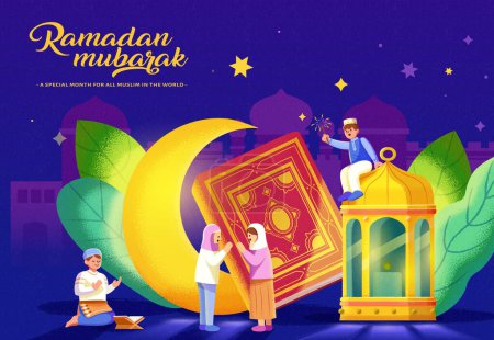 Foto de Ramadan illustration. Crescent moon, Quran book, lantern and leaves decoration with miniature Muslims around. Dark night background with mosque silhouette. - Imagen libre de derechos