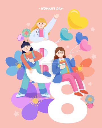 Foto de Women standing and sitting beside number three and eight with flowers and heart balloons on pink background. Suitable for International women's day. - Imagen libre de derechos