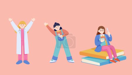 Foto de International women's day professional females set isolated on pink background. Including doctor, mechanic, and scholar sitting on stack of books. - Imagen libre de derechos