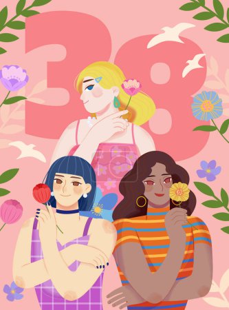 Foto de International Women's day poster. Three different ethnics women holding flowers on pink background with botanical decoration. - Imagen libre de derechos
