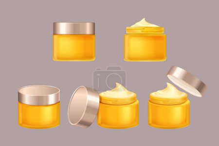 Foto de 3D face cream jar mock up set isolated on grey background. Including ones with cream in different view, and ones with closed lids. - Imagen libre de derechos