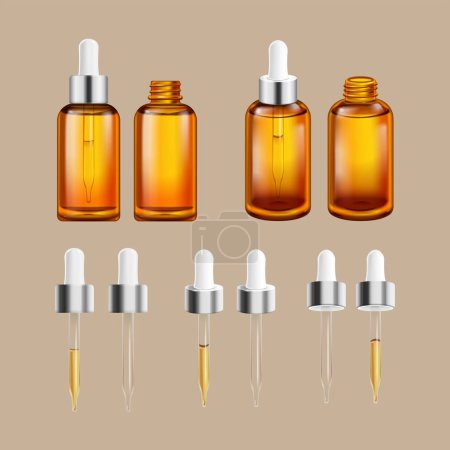 Foto de 3D droplet set isolated on khaki background. Including droplet bottles with liquid, and droppers with and without liquid. - Imagen libre de derechos