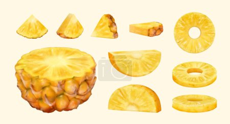 Foto de 3D illustrated cut pineapple pieces isolated on cream white background. Including pieces cut into wedges, rings, semi circles and in half. - Imagen libre de derechos