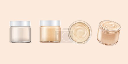 Foto de 3D beauty product jar set isolated on beige background. Including jars filled with cream from different angle view, and empty one with closed lid. - Imagen libre de derechos