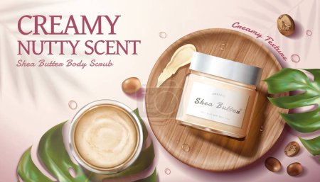 Foto de 3d illustrated shea butter body scrub ad. Jar in wooden plate with creamy smear beside another jar on Ceriman and shea nuts around. - Imagen libre de derechos