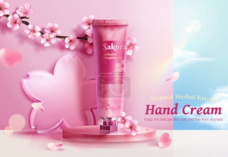 Foto de 3D illustrated pink hand cream tube display on glass disc podium. Cherry blossom branch and flower glass decoration in the back on pink wall and blue sky background. - Imagen libre de derechos