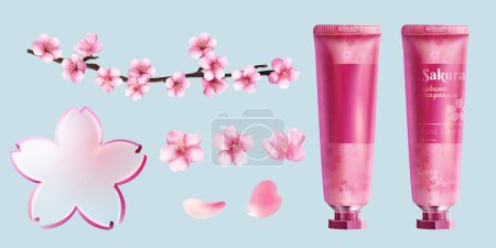 Foto de Cherry blossom set isolated on baby blue background. Including pink tube with and without label, cherry blossoms and flower shape glass. - Imagen libre de derechos