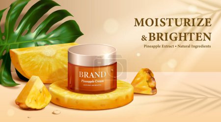 Illustration for 3D illustrated realistic moisturizing cream jar display on round pineapple slice with wedge, half circle shape ones around. Tropical leaf in the back on beige background. - Royalty Free Image