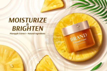 Foto de 3D illustrated top view of moisturizing cream jar display on piece of pineapple slice floating with other pieces and leaf branch on water. Concept of soothing natural beauty product. - Imagen libre de derechos